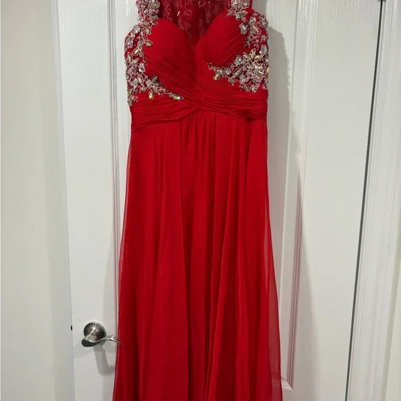 Red Embellished Ruched Long Prom Gown - Picture 1 of 5